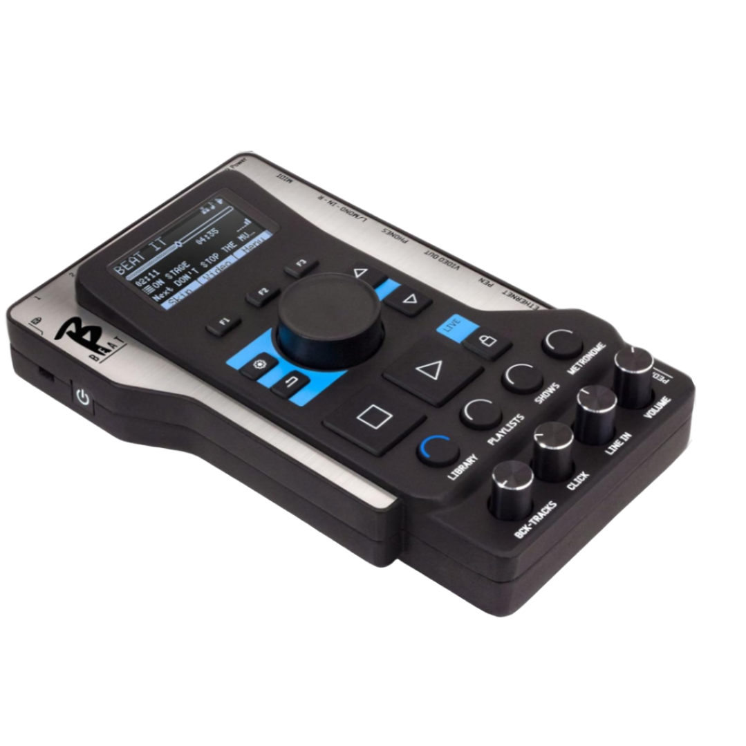 Black electronic device with buttons and display on a white background